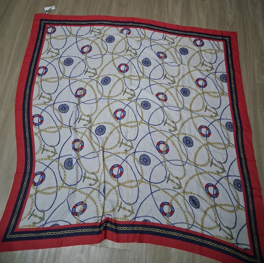 Talbots Nautical Print Scarf with Red Border